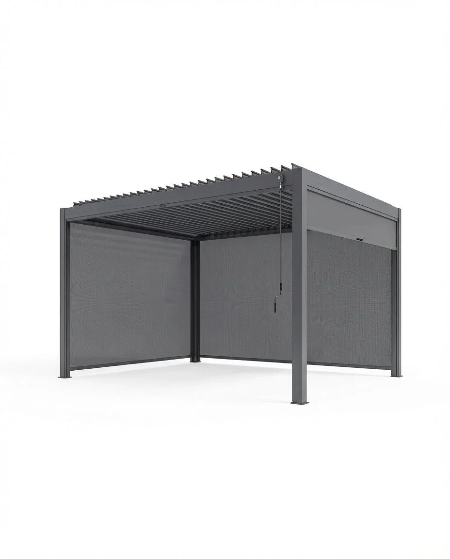Grey metal pergola with adjustable louvered roof and mesh side panels, side angle view