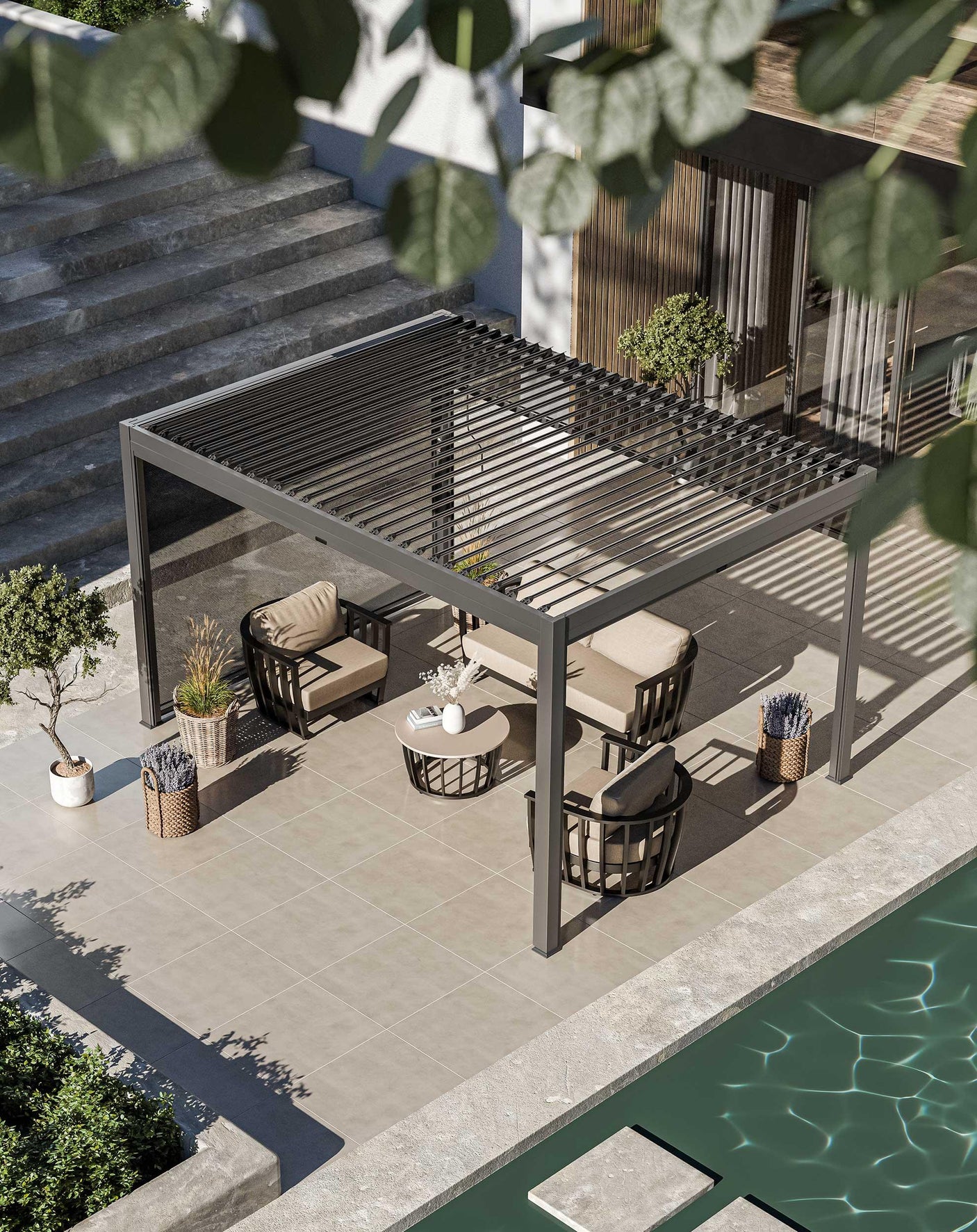 Modern outdoor patio furniture set with pergola by poolside on tiled terrace
