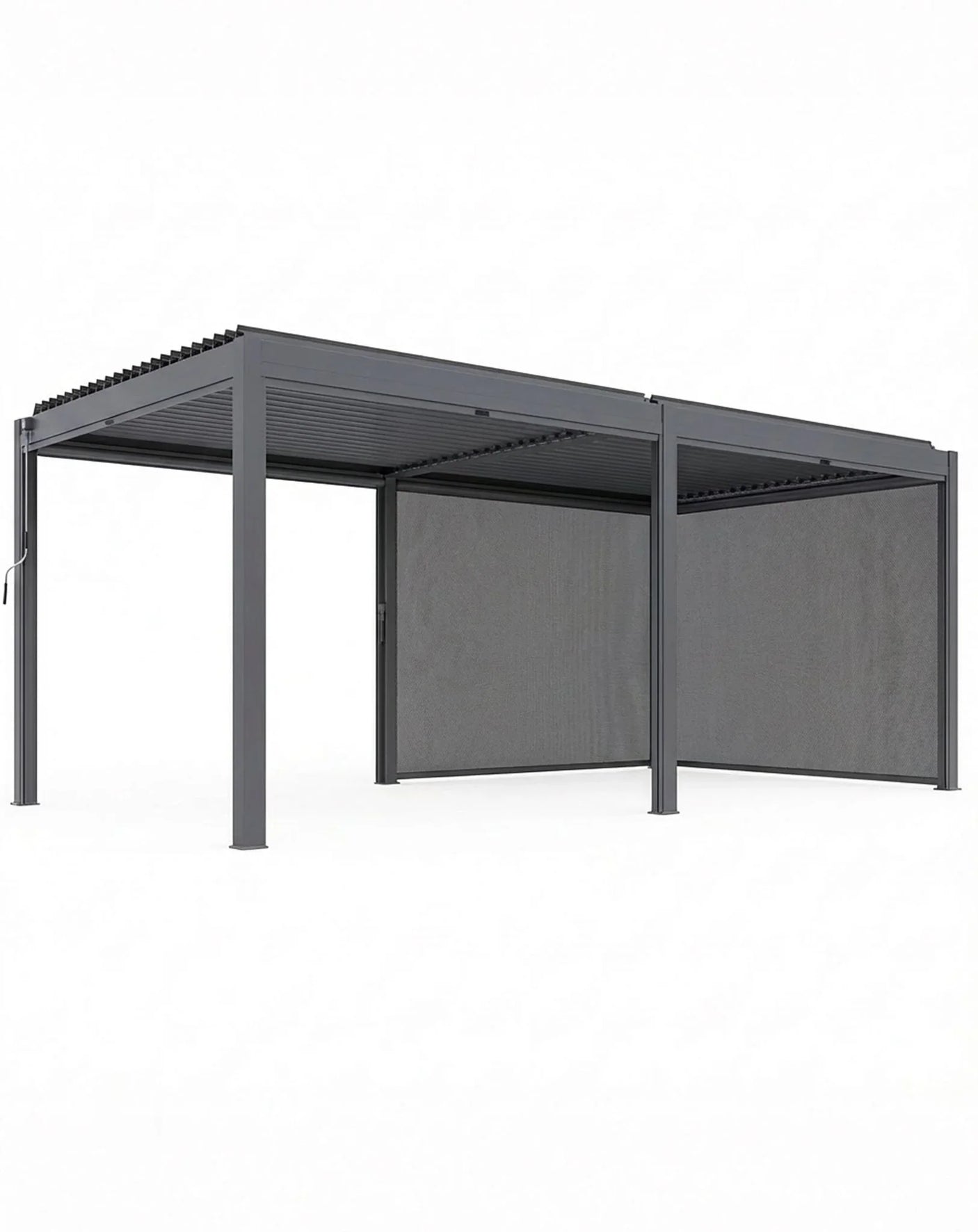 Grey aluminum pergola with louvered roof and side screens, shown at an angle
