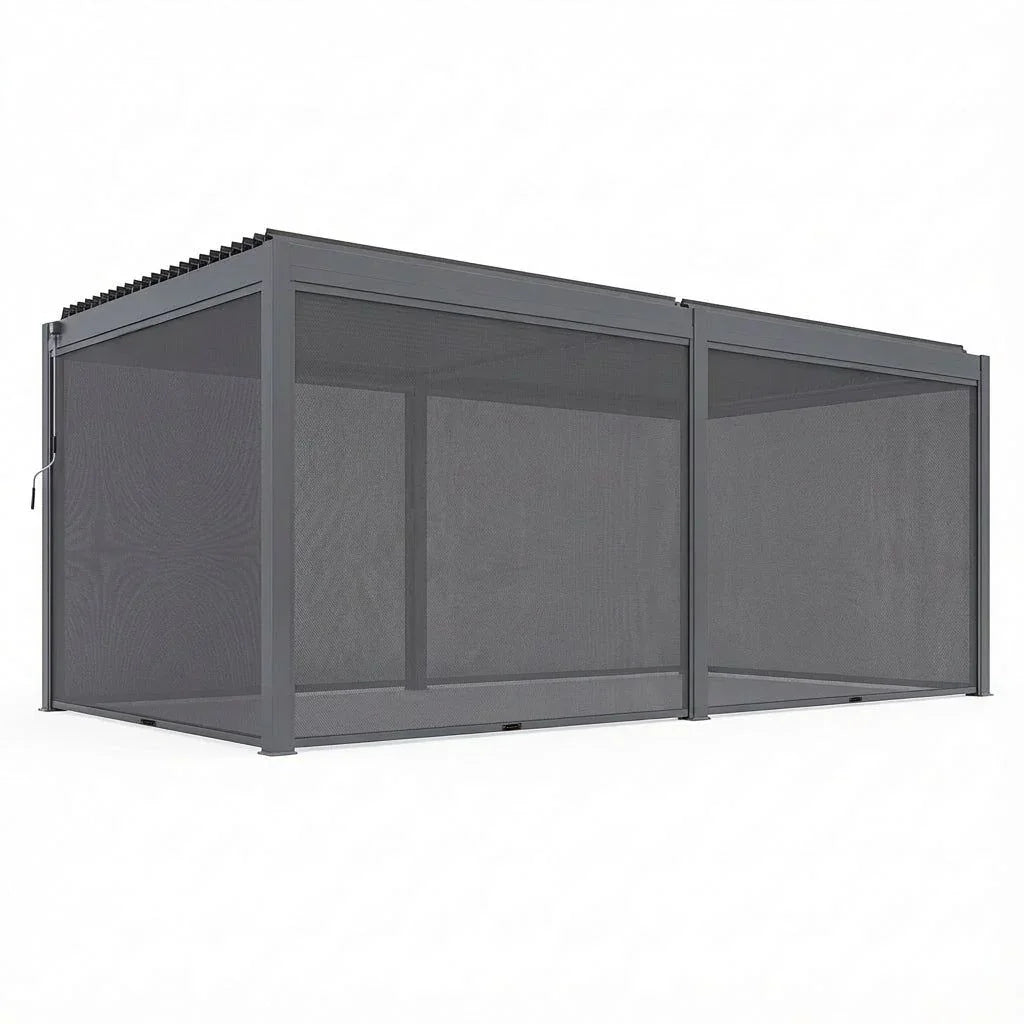 Grey metal pergola with mesh side panels and adjustable louvre roof, angled exterior view