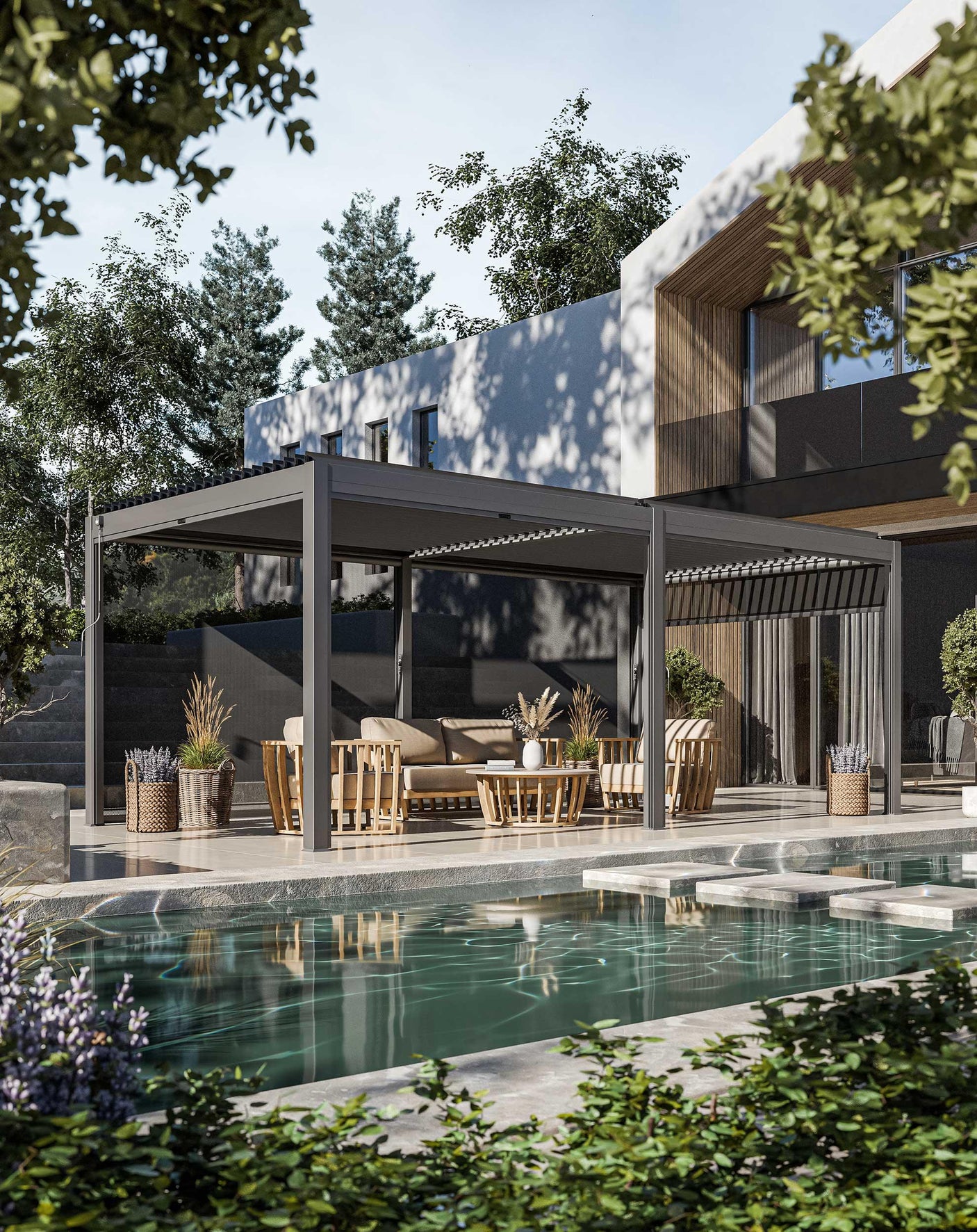 Modern outdoor pergola with beige garden sofa set beside pool and wooden coffee tables