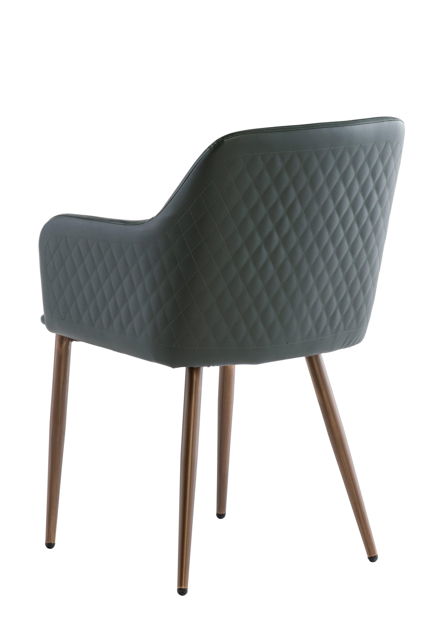 Dining chair with quilted dark grey upholstery and tapered wooden legs, rear angle view