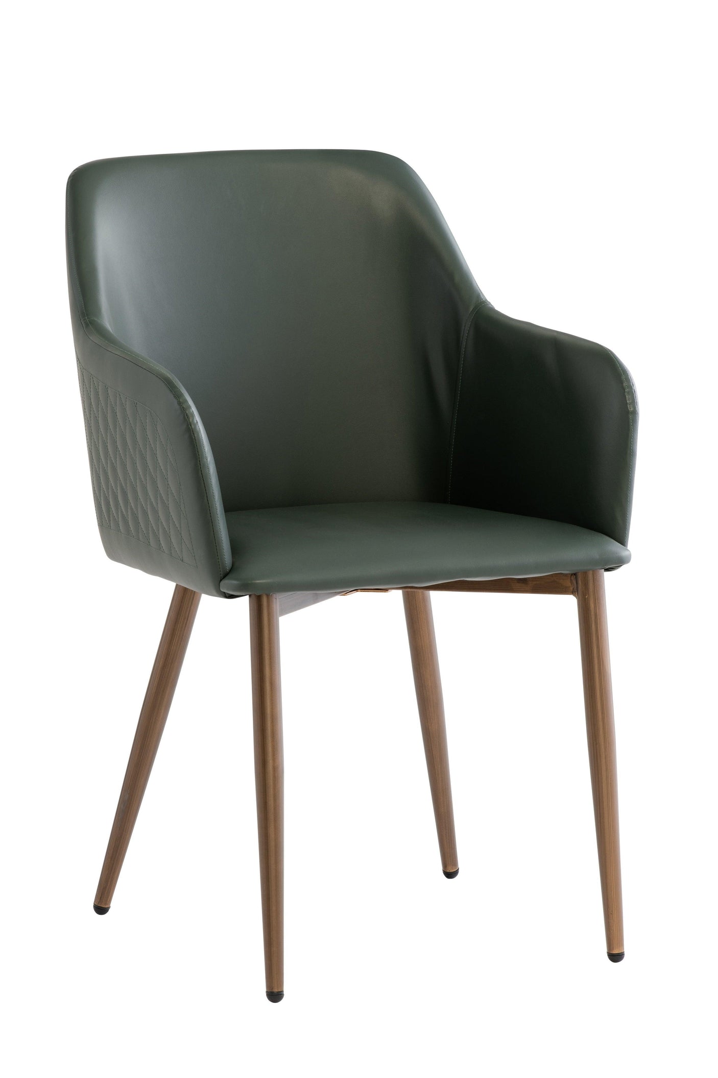 Green dining chair with quilted backrest and wooden legs on white background