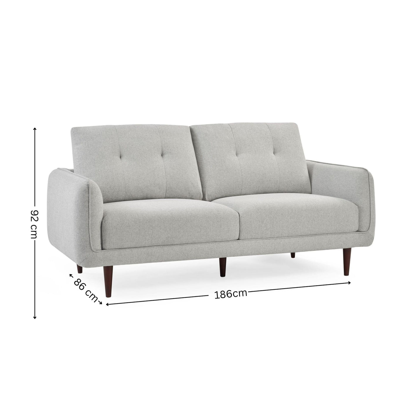 Light grey fabric sofa with button-tufted backrest and dimensions marked, front angle view