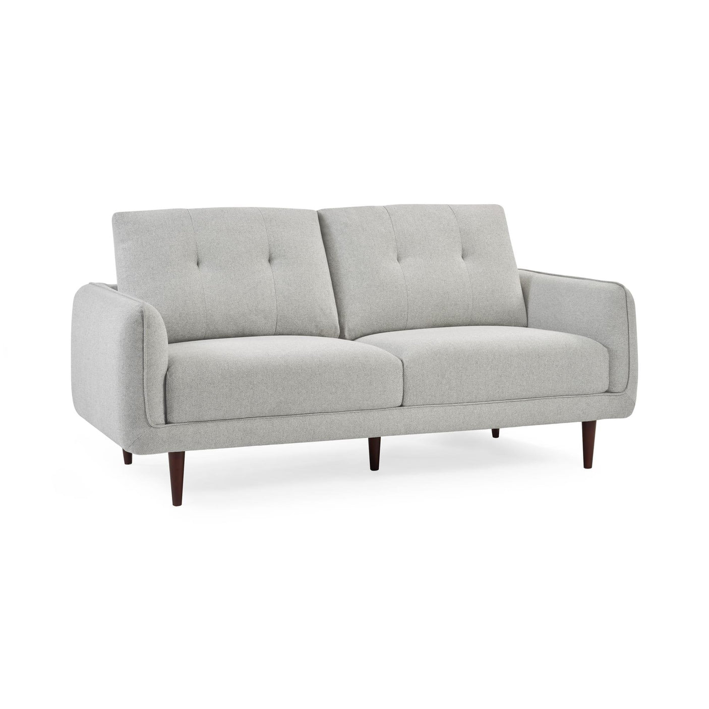 Light grey fabric sofa with button-tufted back and angled wooden legs on white background