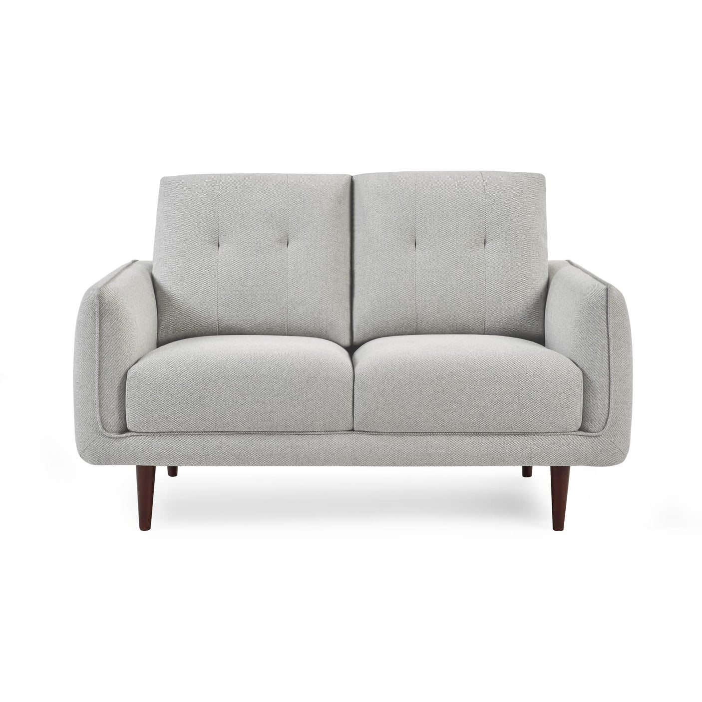 Light grey fabric sofa with button-tufted backrest and dark wooden legs, front view
