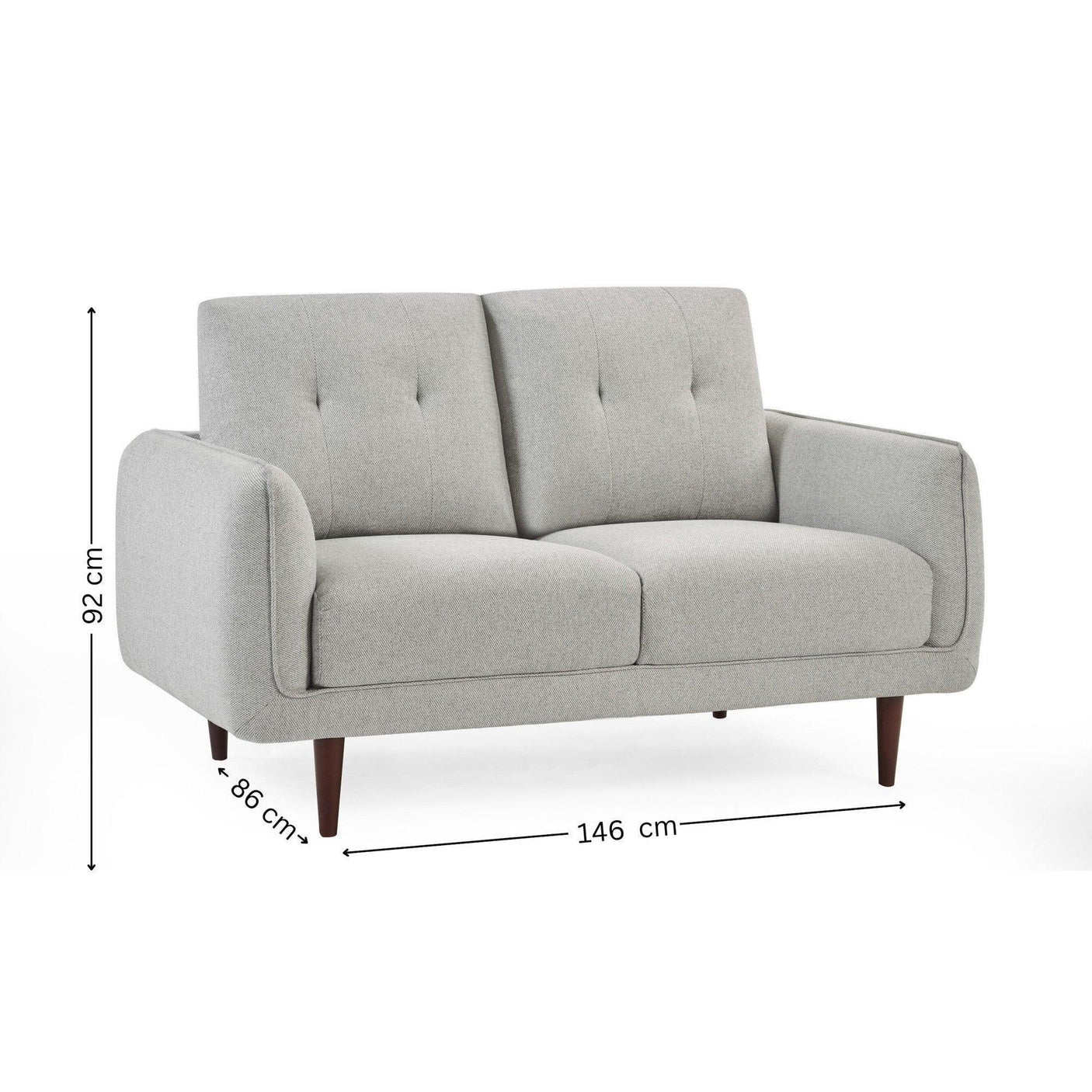 Light grey two seater sofa with measurements, wooden legs, tufted back cushions