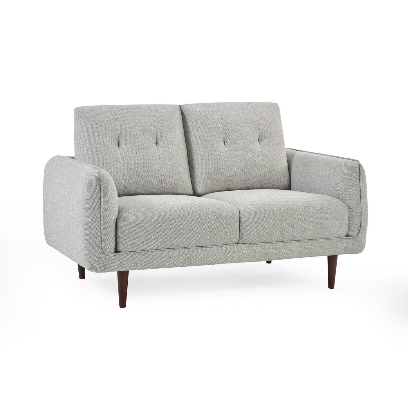 Light grey fabric sofa with wooden legs and button-tufted backrest, front view