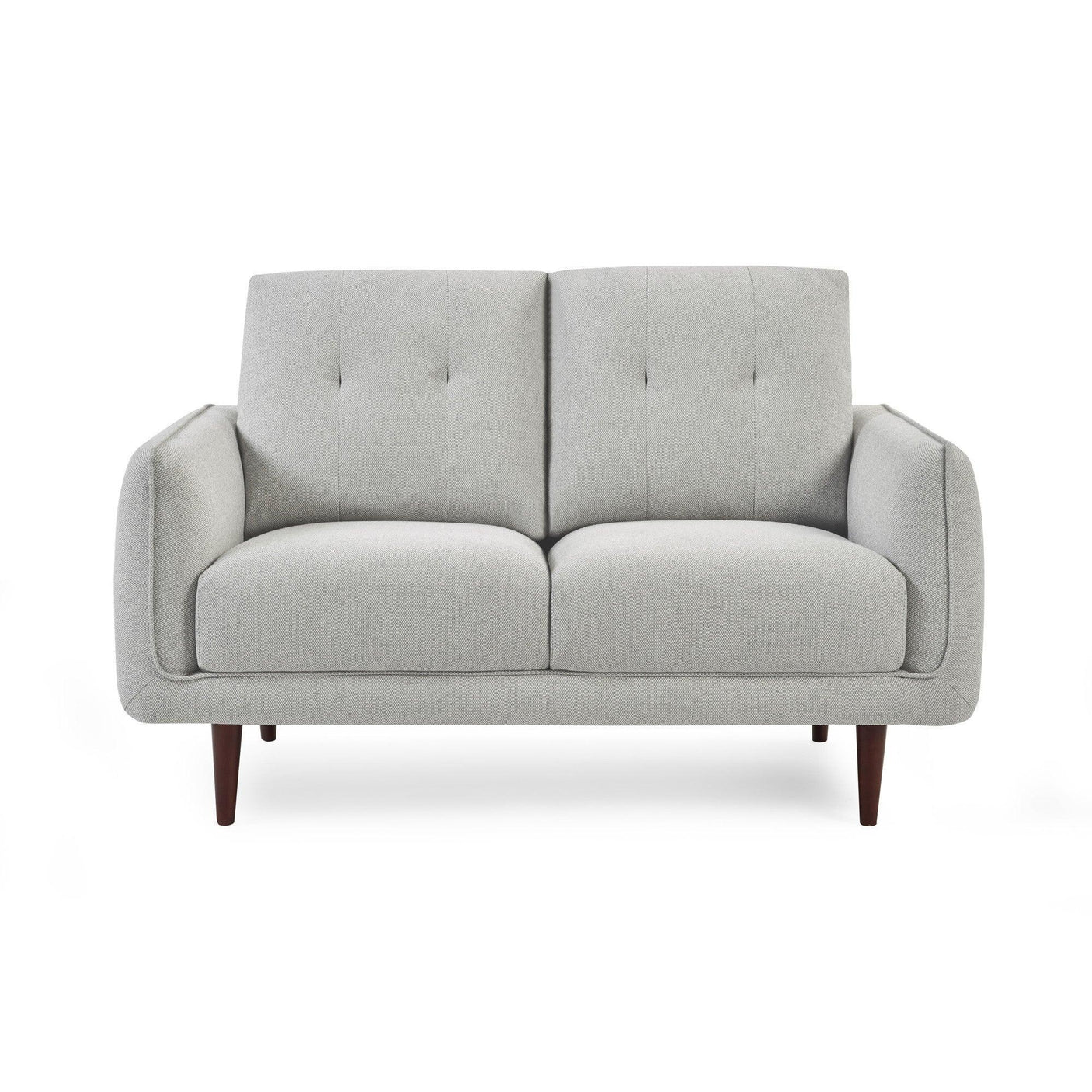 Light grey fabric sofa with button-tufted backrest and wooden legs, front view