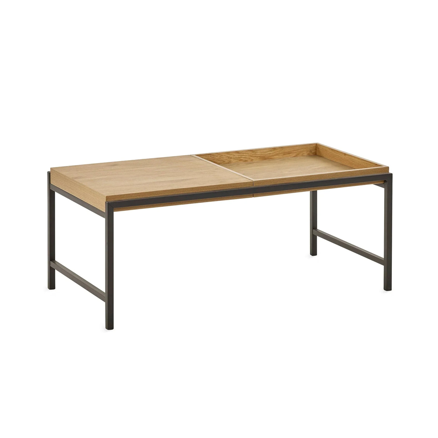 Rectangular wooden coffee table with black metal legs and raised tray edge on one side
