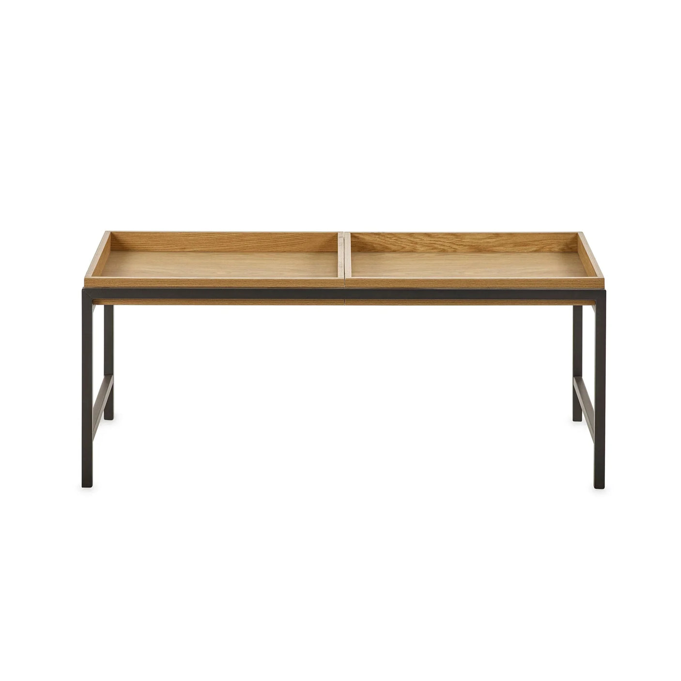 Rectangular wooden coffee table with black metal frame and divided top compartments