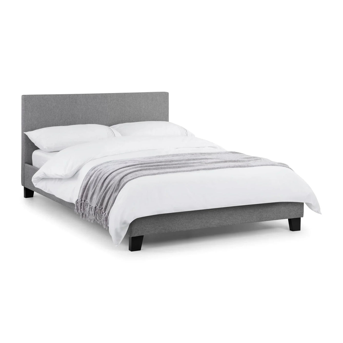 Light grey linen double bed with low headboard, white bedding and grey throw, cutout view