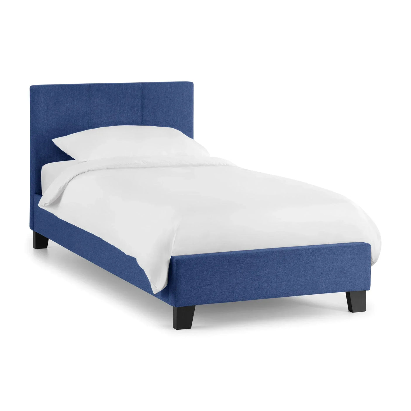 Blue fabric single bed frame with upholstered headboard and white bedding