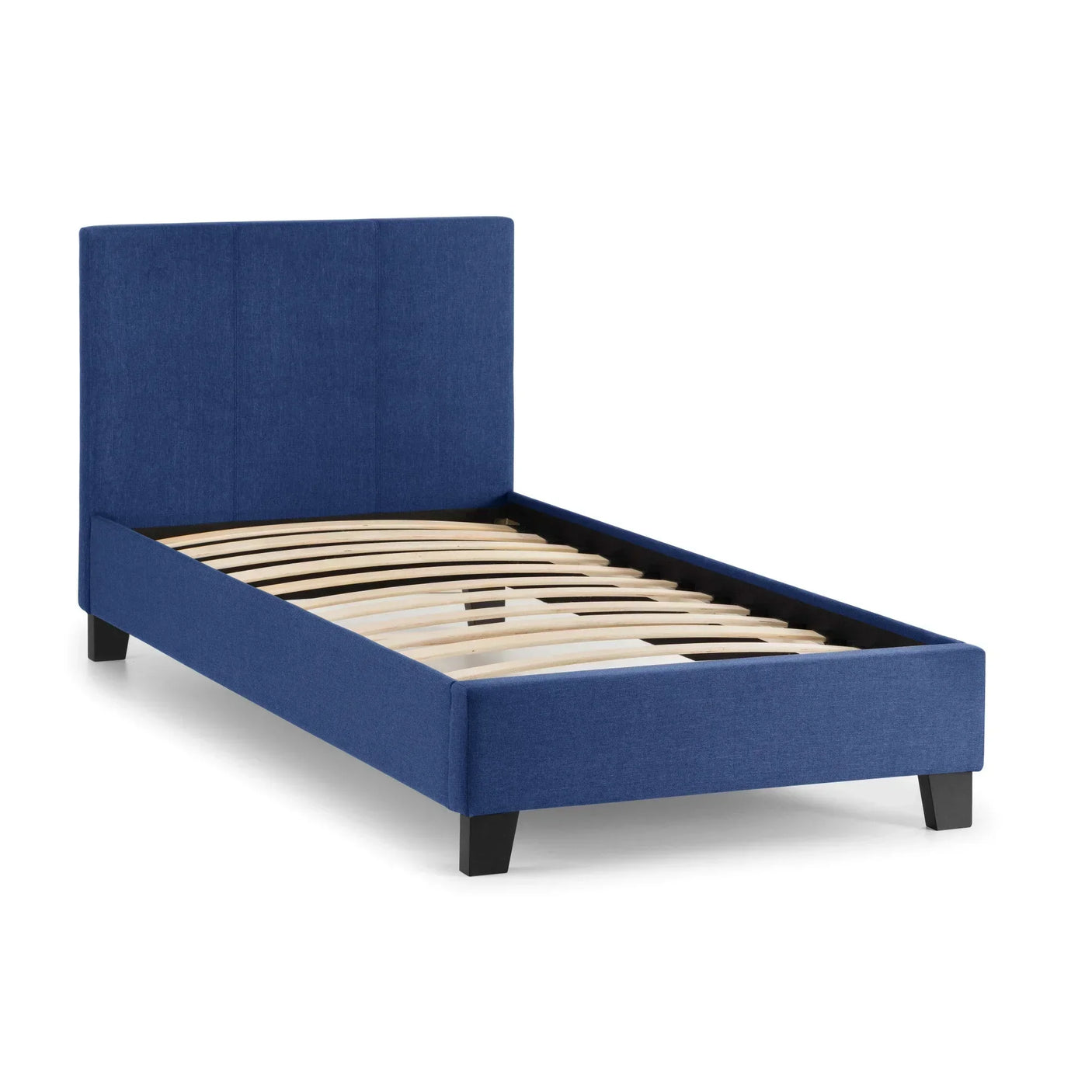 Blue fabric single bed frame with padded headboard and wooden slats