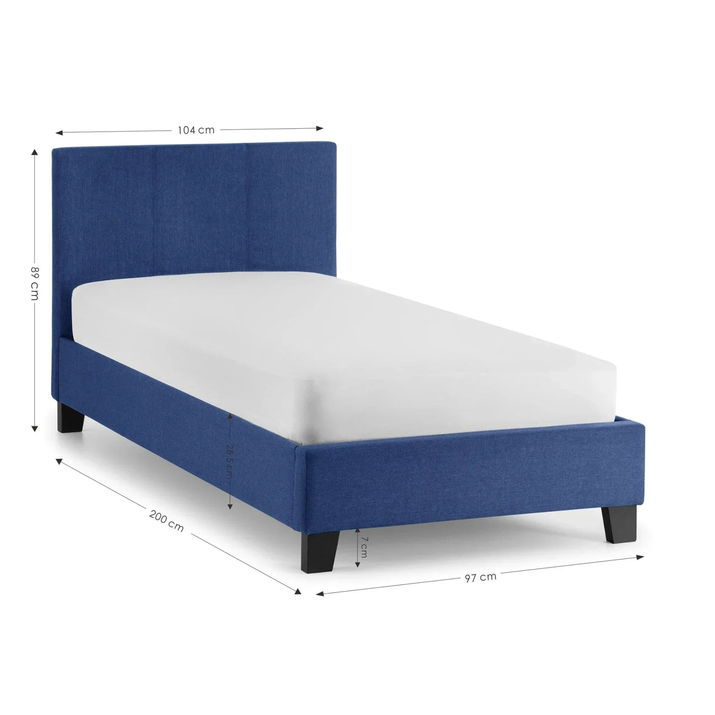 Blue single bed frame with tall headboard and black legs, dimensions labeled in centimeters