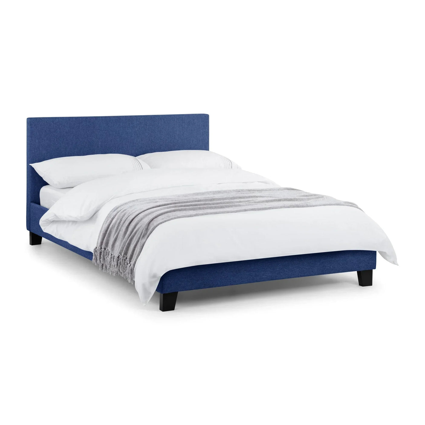 Blue fabric bed frame with low headboard, white bedding and grey throw blanket