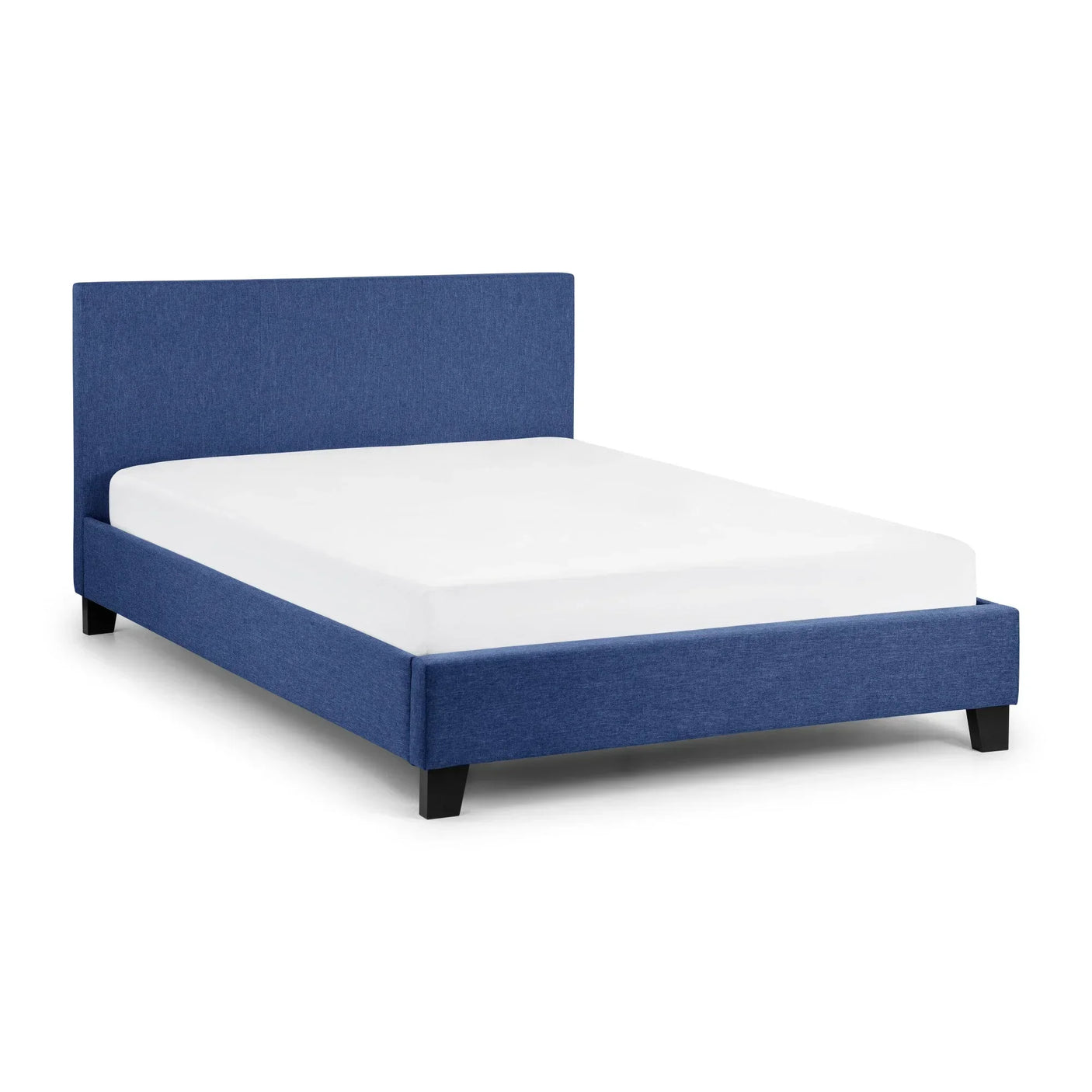 Blue fabric bed frame with rectangular headboard and black legs, angled side view