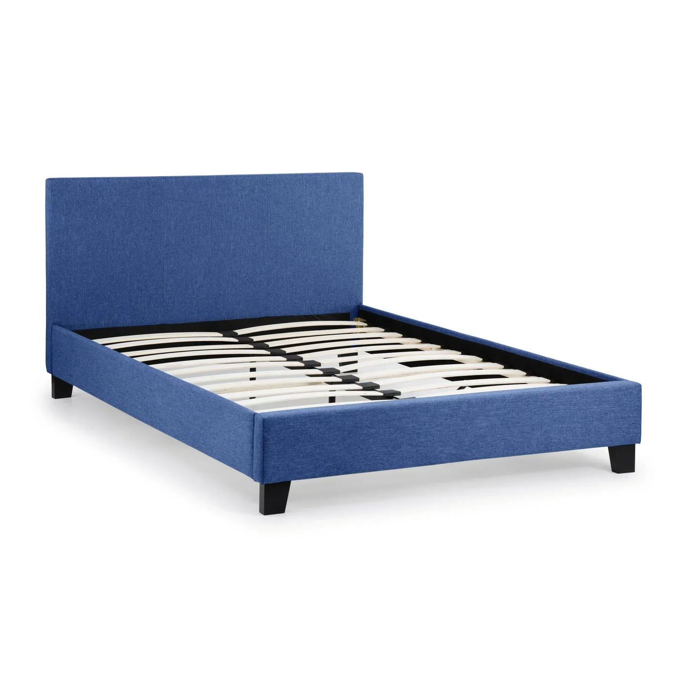 Blue upholstered bed frame with wooden slats and black legs, angled front view