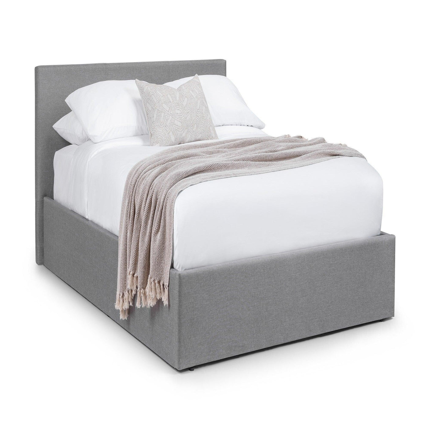 grey upholstered storage bed with headboard, white bedding and beige throw blanket