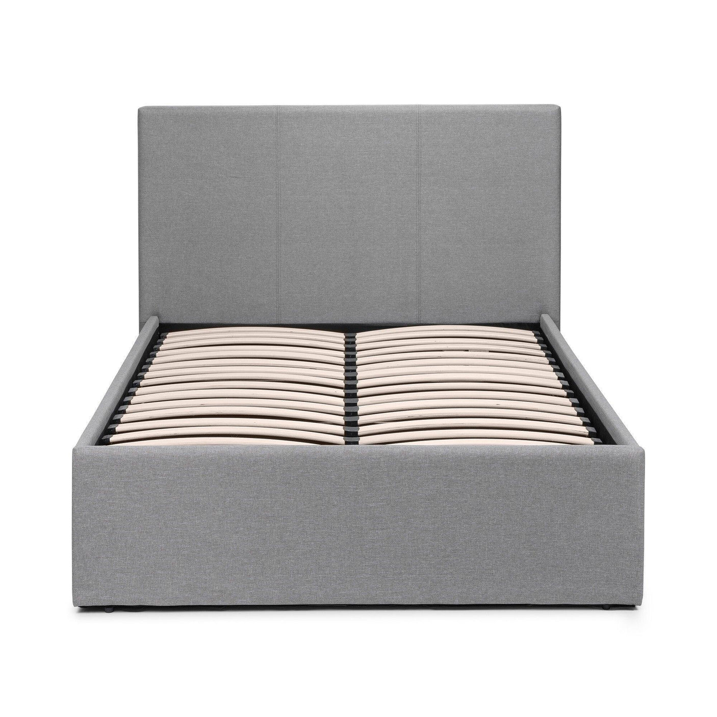 Grey lift-up storage bed with padded headboard and wooden slatted base, front view