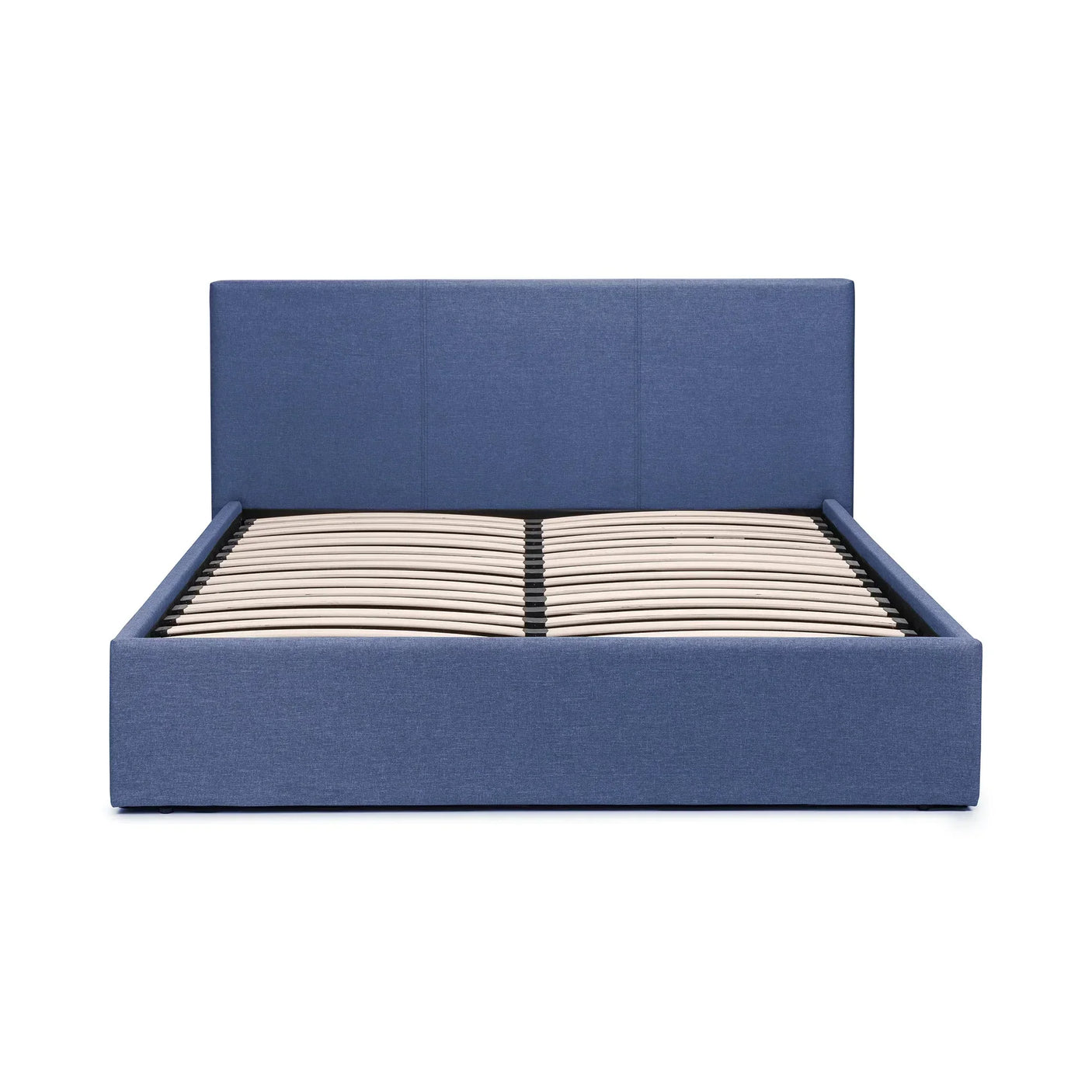 Blue upholstered storage bed frame with lift-up slatted base, front view