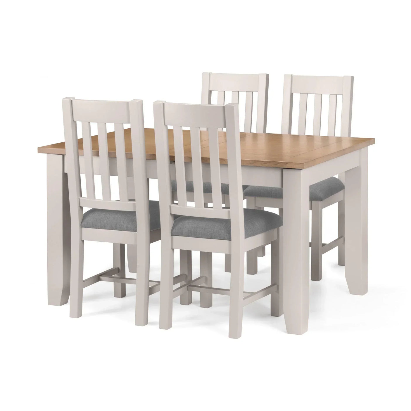Wood dining table set with four grey cushioned chairs and light oak finish top