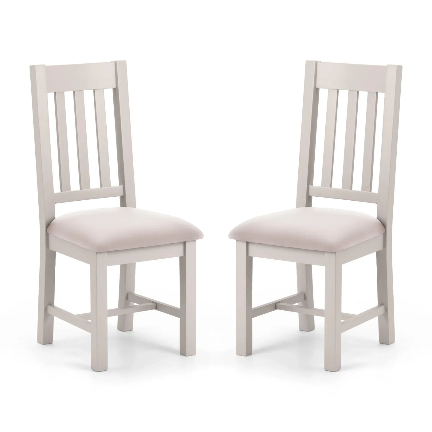 Pair of grey dining chairs with padded seats and slatted backs on white background