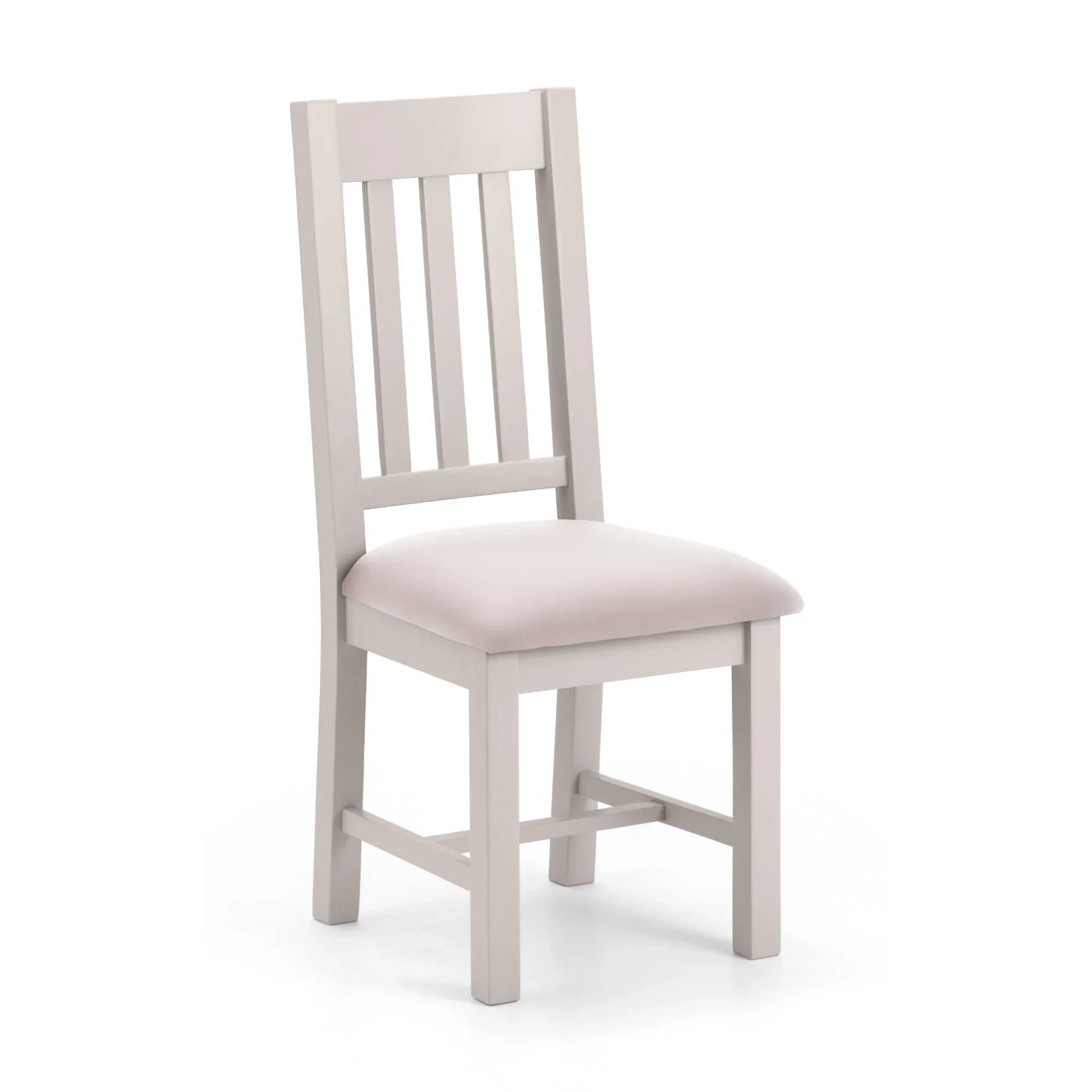 Grey dining chair with slatted back and padded seat on white background