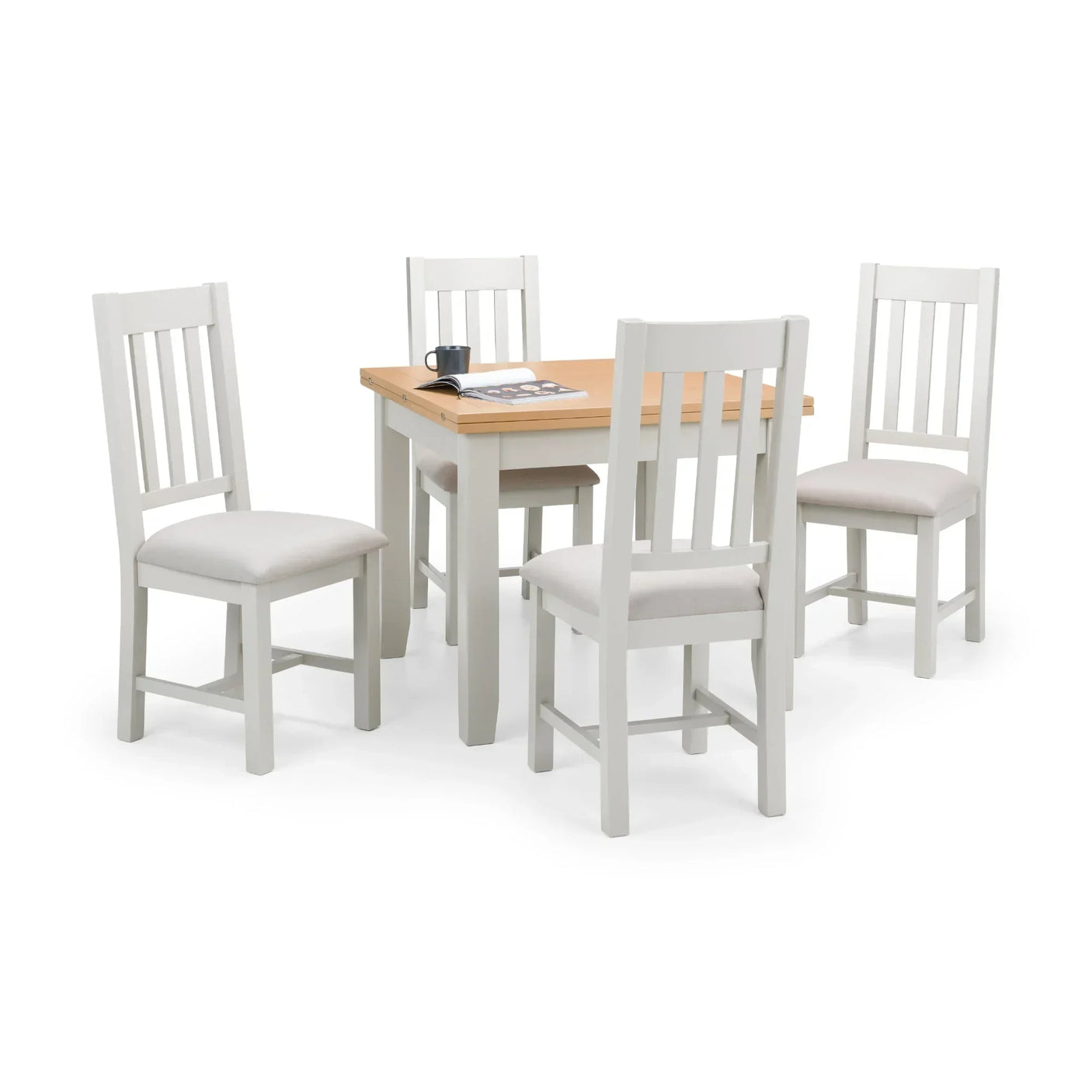 White wooden dining table with four matching chairs, padded seats, and slatted backs