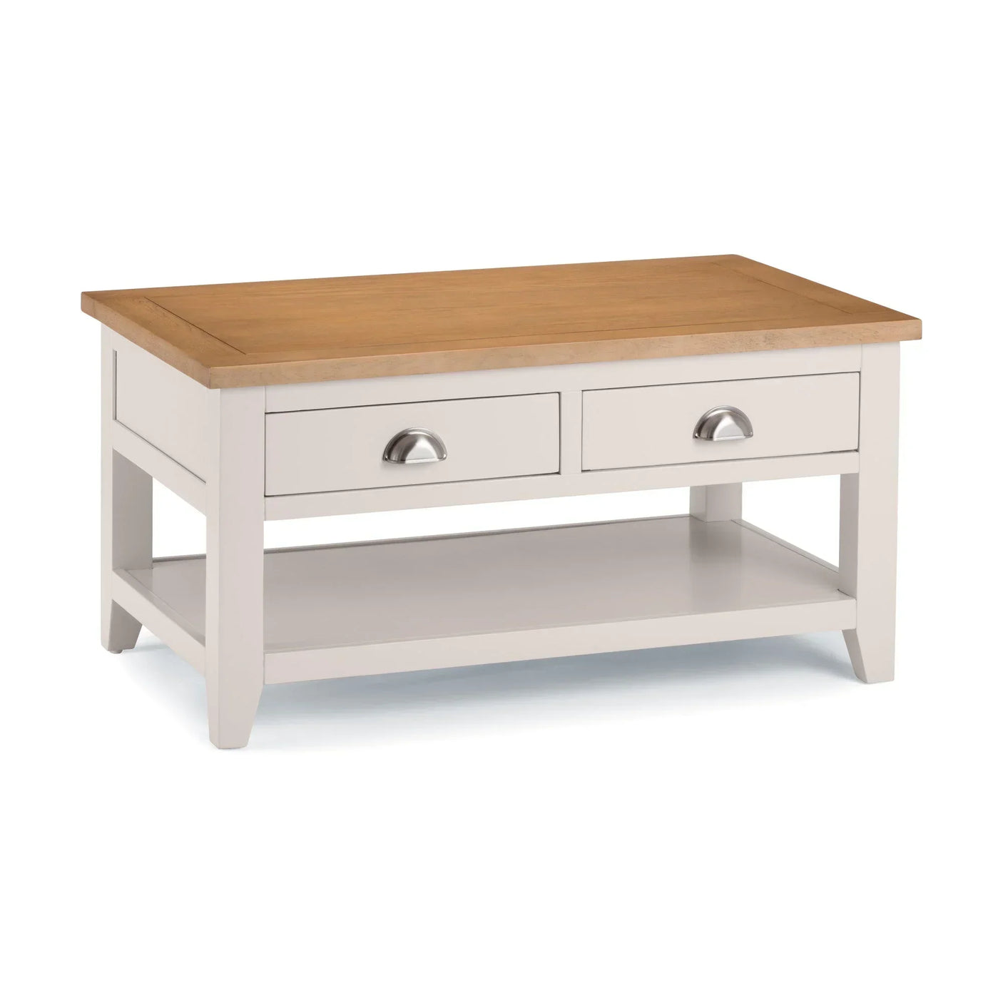 oak and white coffee table with drawers and lower shelf, silver handles, front view