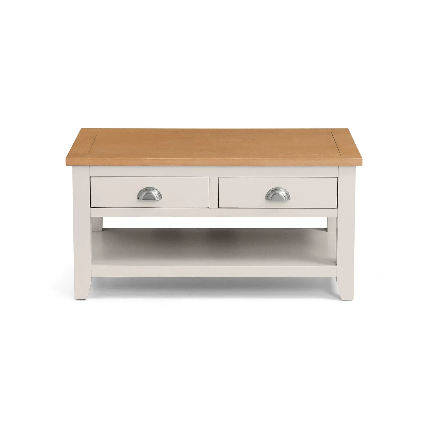 Oak and white coffee table with two drawers and lower shelf, front view