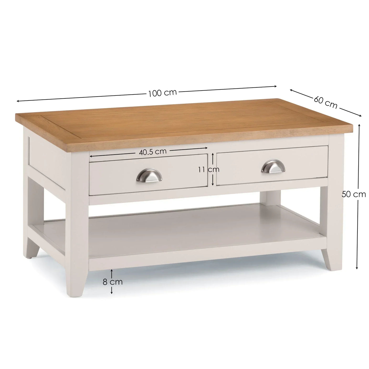 White and oak coffee table with two drawers, lower shelf, and size measurements labeled