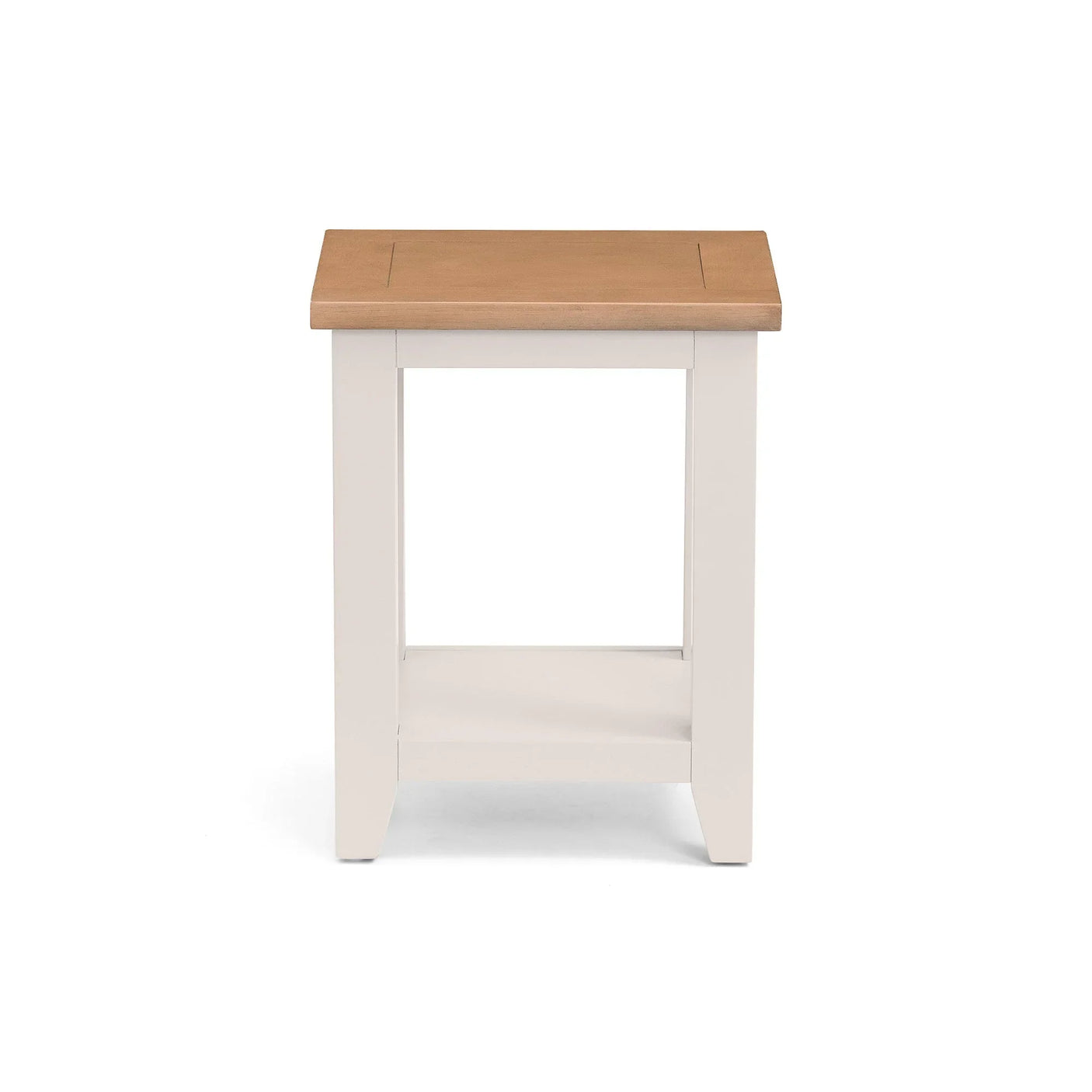 oak and cream lamp table with lower shelf on white background