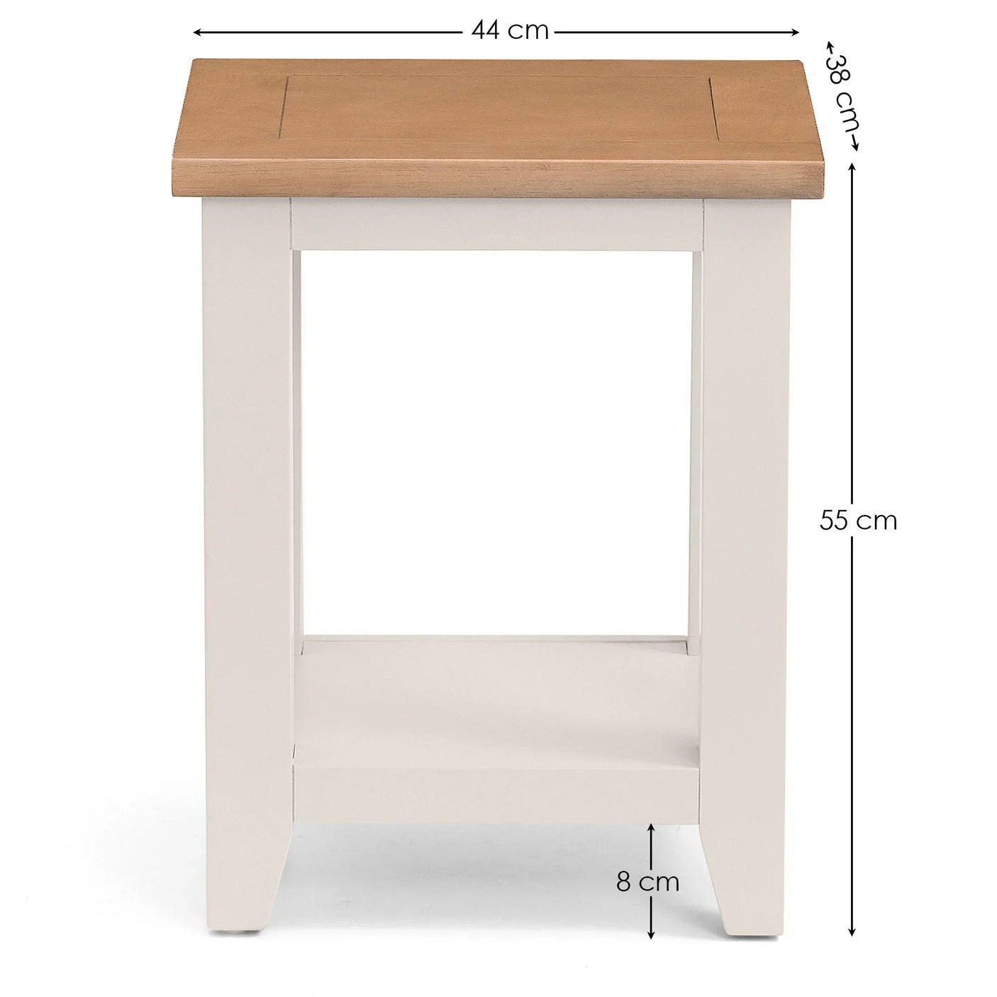 oak and white side table with lower shelf, showing dimensions of 44 cm by 38 cm by 55 cm