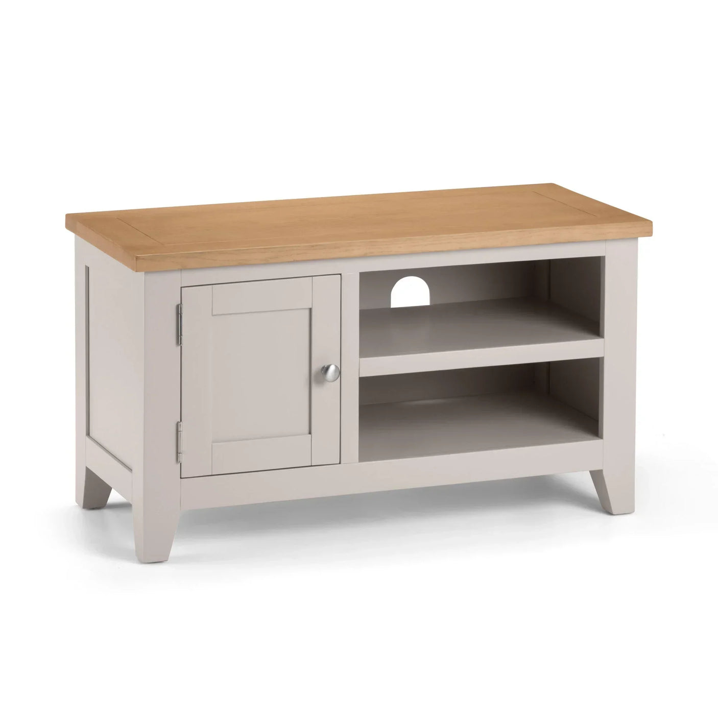 Grey and oak TV unit with side cupboard and open shelves, cable hole at back