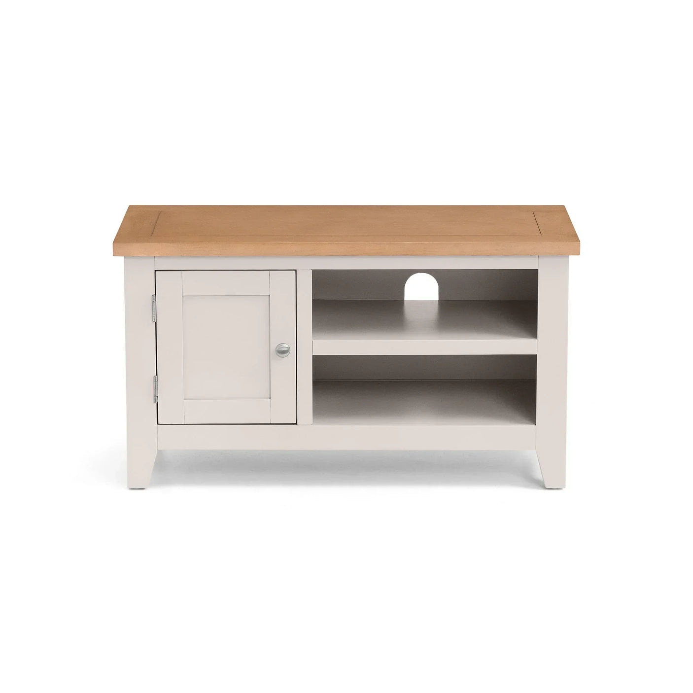Modern TV stand with light wood top, cream base, one cabinet and two open shelves