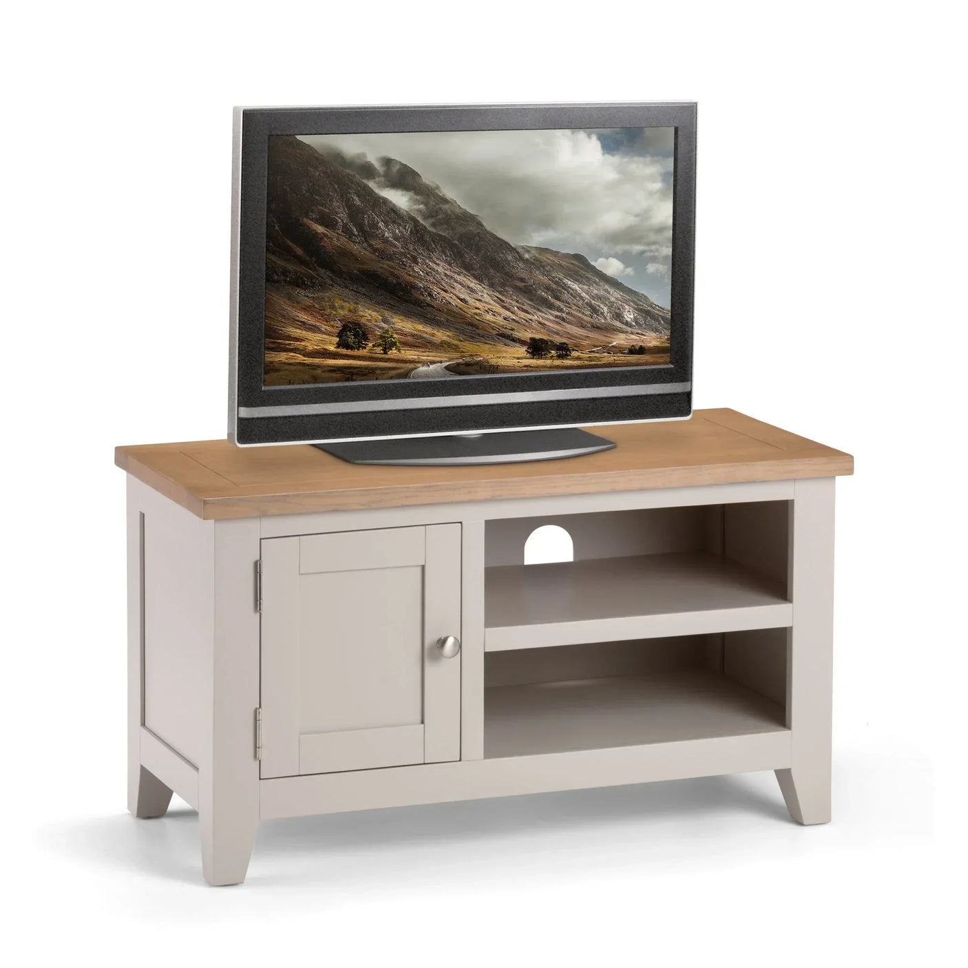 Cream and oak TV unit with storage shelves and cabinet door, styled with flat screen TV