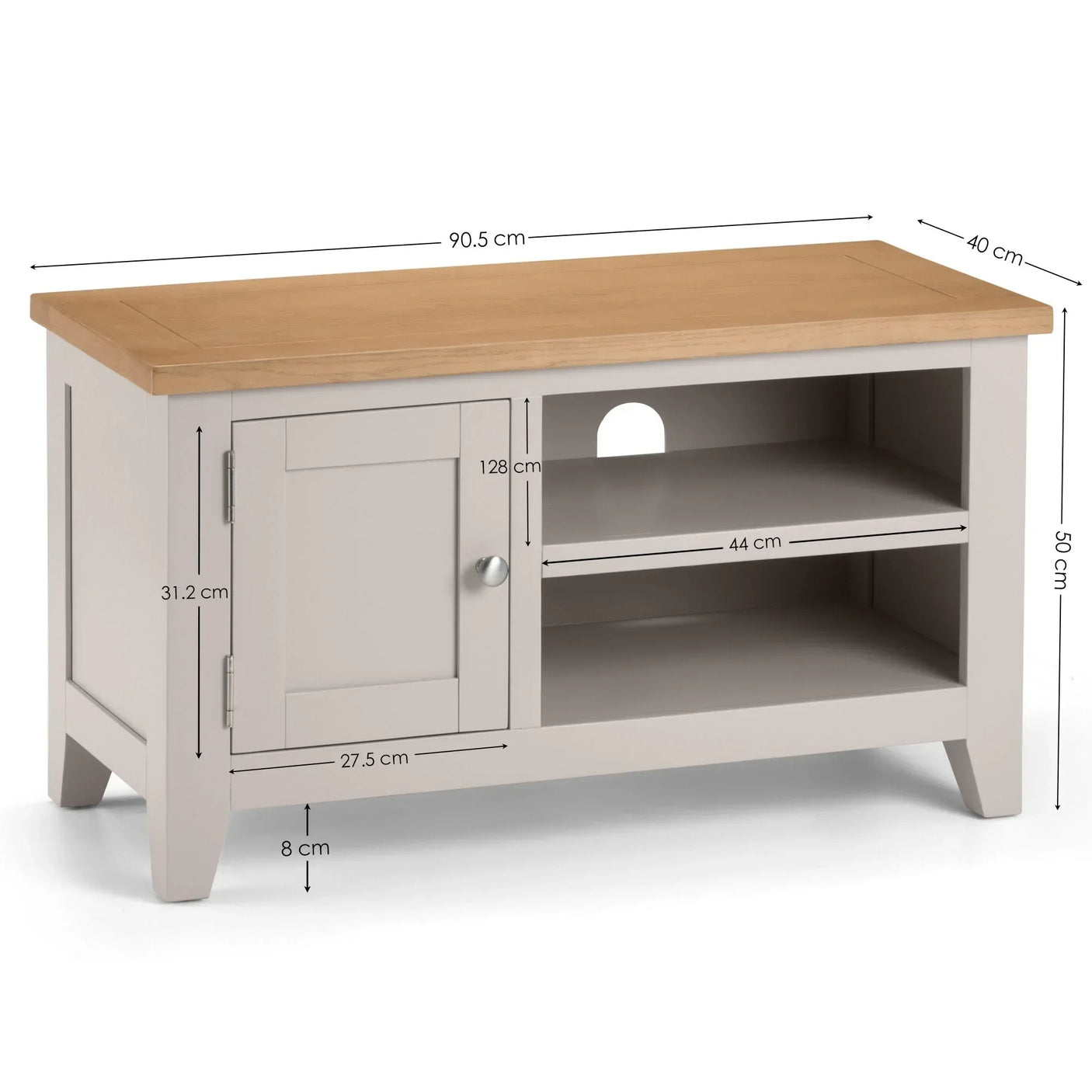 Light wood TV unit with side cabinet, open shelves, and visible measurements in centimeters