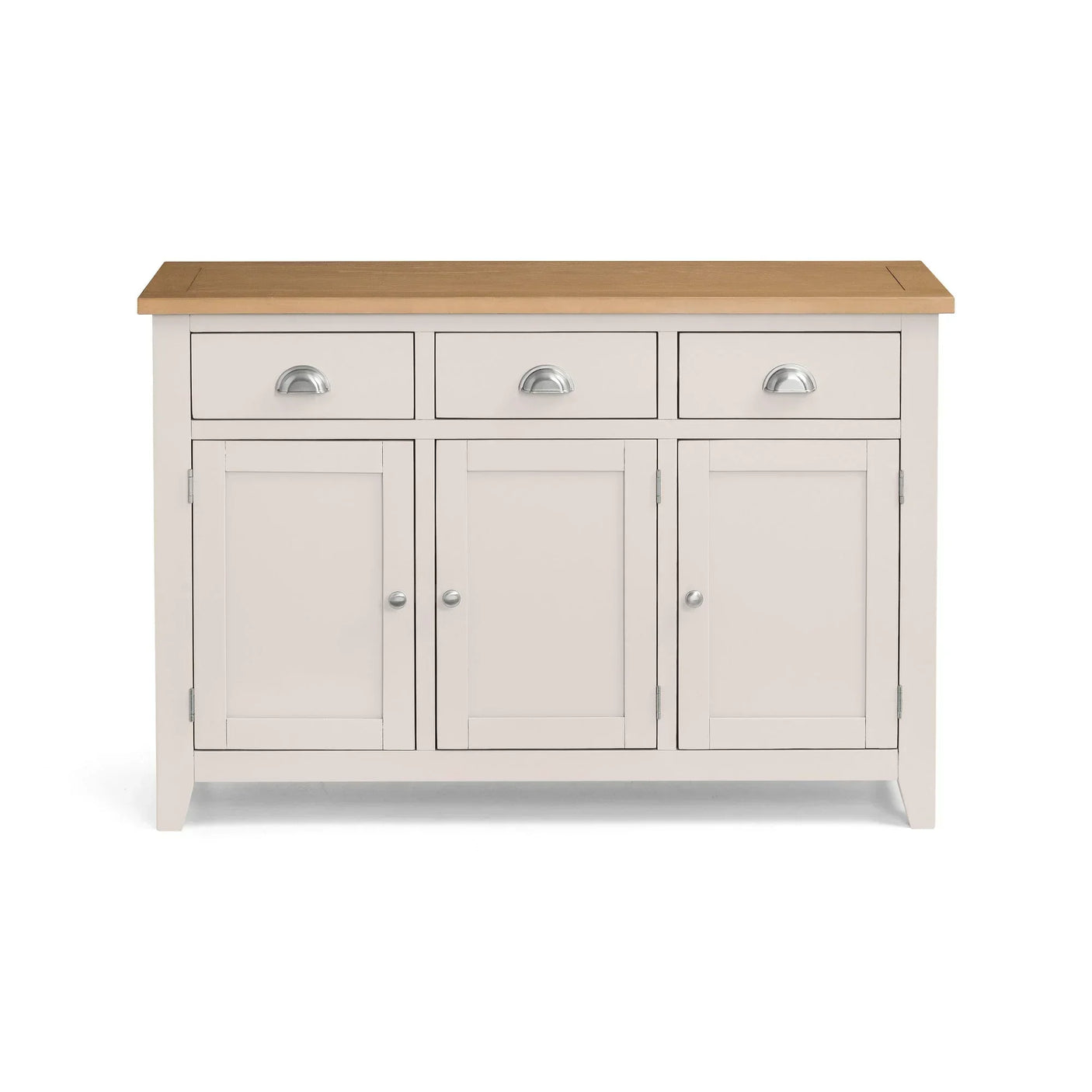 Cream sideboard with oak top, three drawers and three cupboard doors, front view