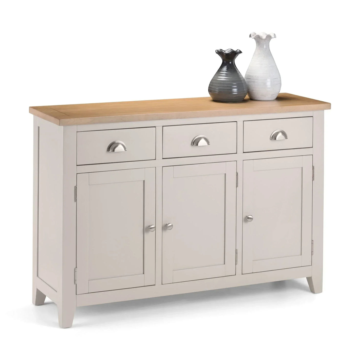 Cream sideboard with oak top, three drawers, three doors, and two decorative vases