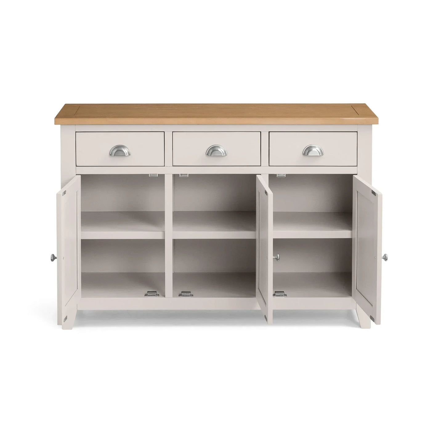 Grey sideboard with oak top, three drawers and six open cabinet shelves, doors open