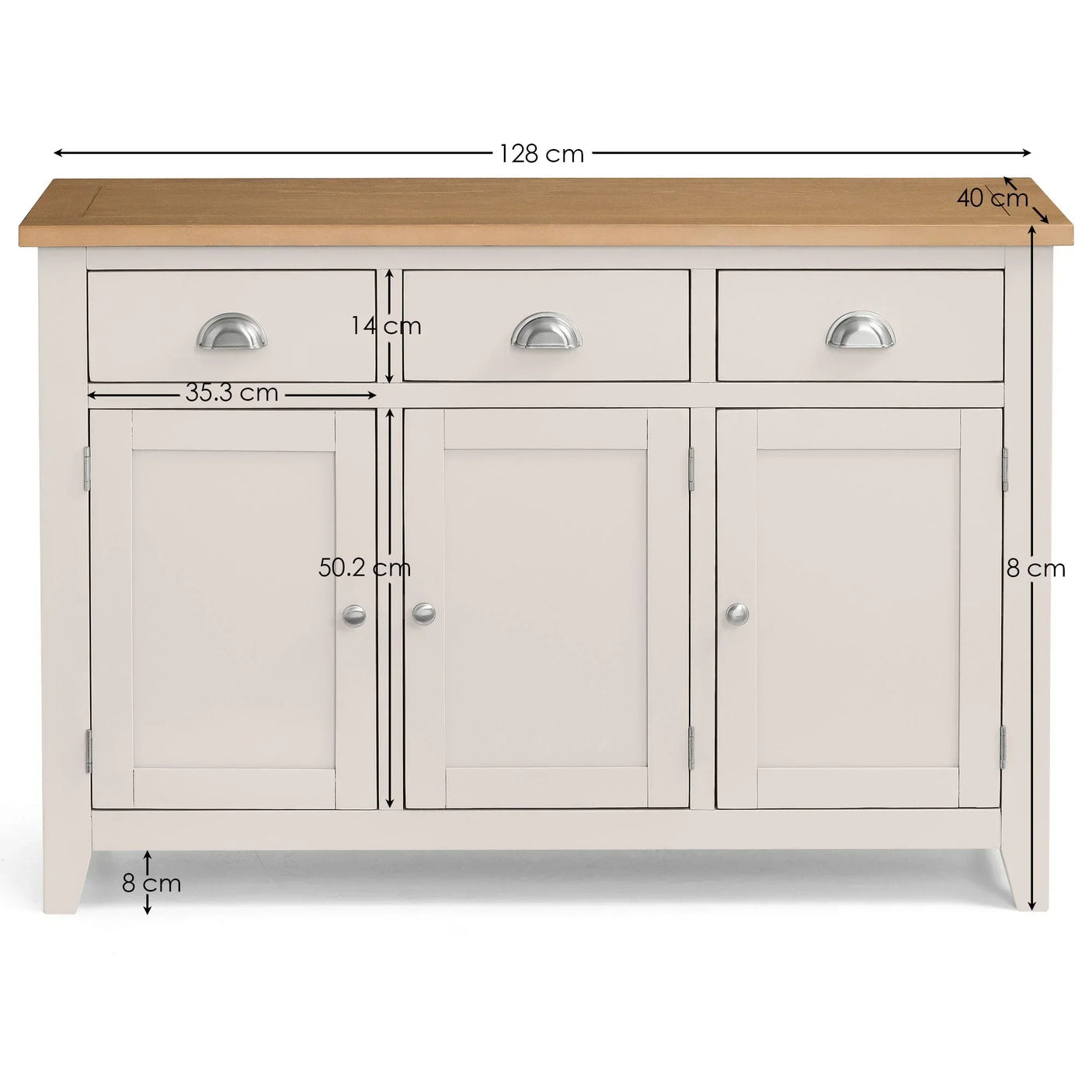 Cream sideboard with three doors, two drawers, oak top, silver handles, and size measurements