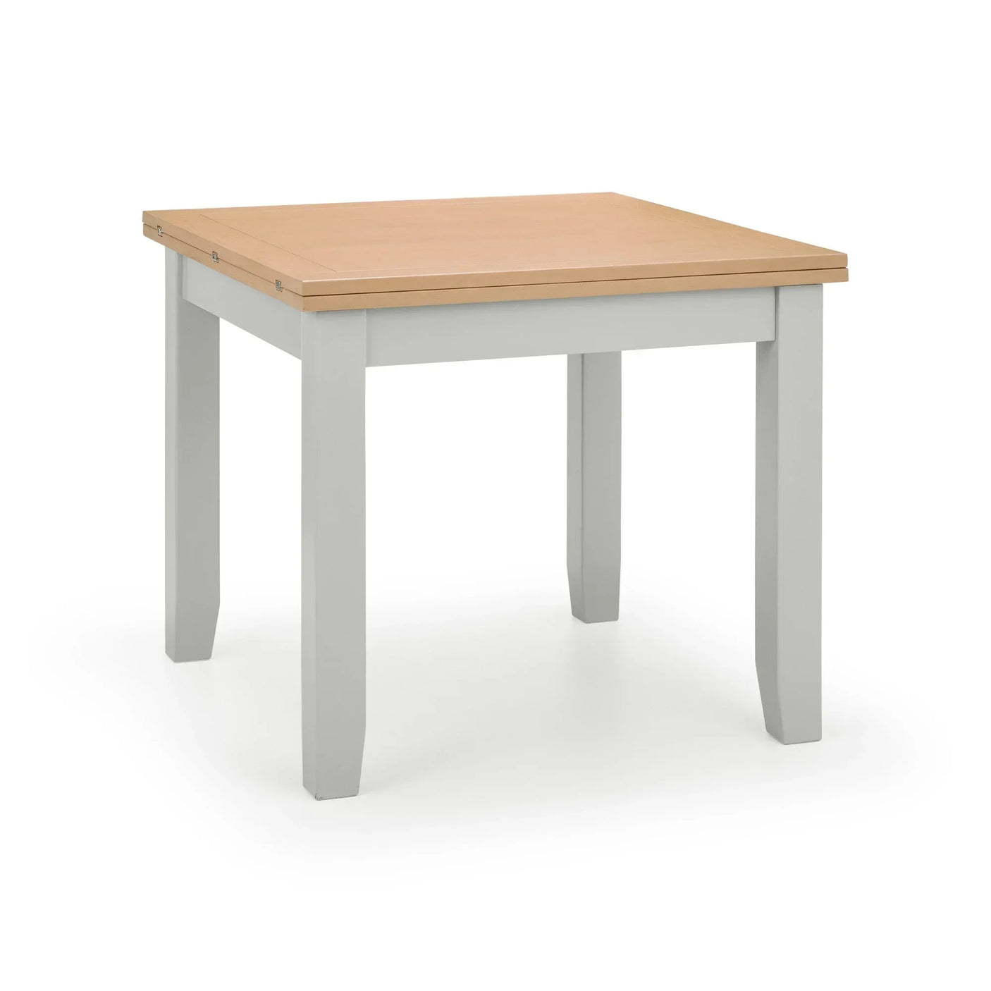 Square wooden dining table with natural top and white painted legs