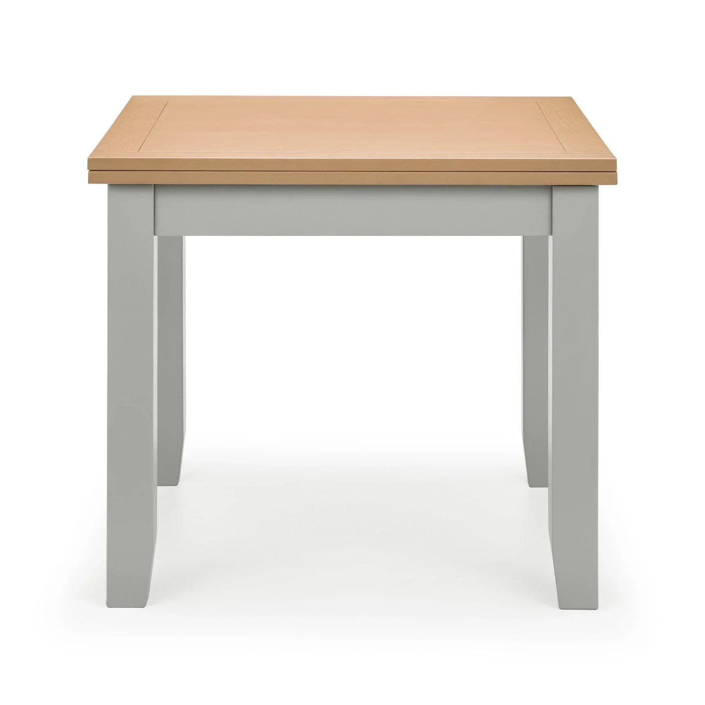 Square dining table with light wood top and grey painted legs, front view