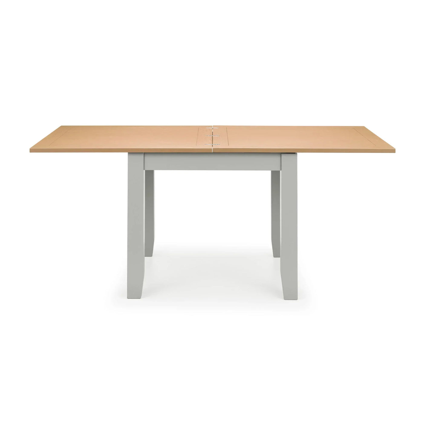 Rectangular wooden dining table with light oak top and grey legs, front-facing view