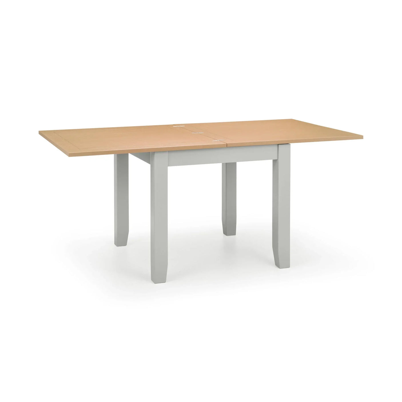 Rectangular extending dining table with light oak top and painted white legs