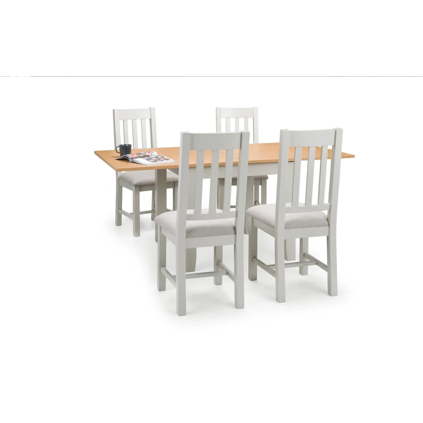 Wood dining table with four white slat-back chairs and cushioned seats