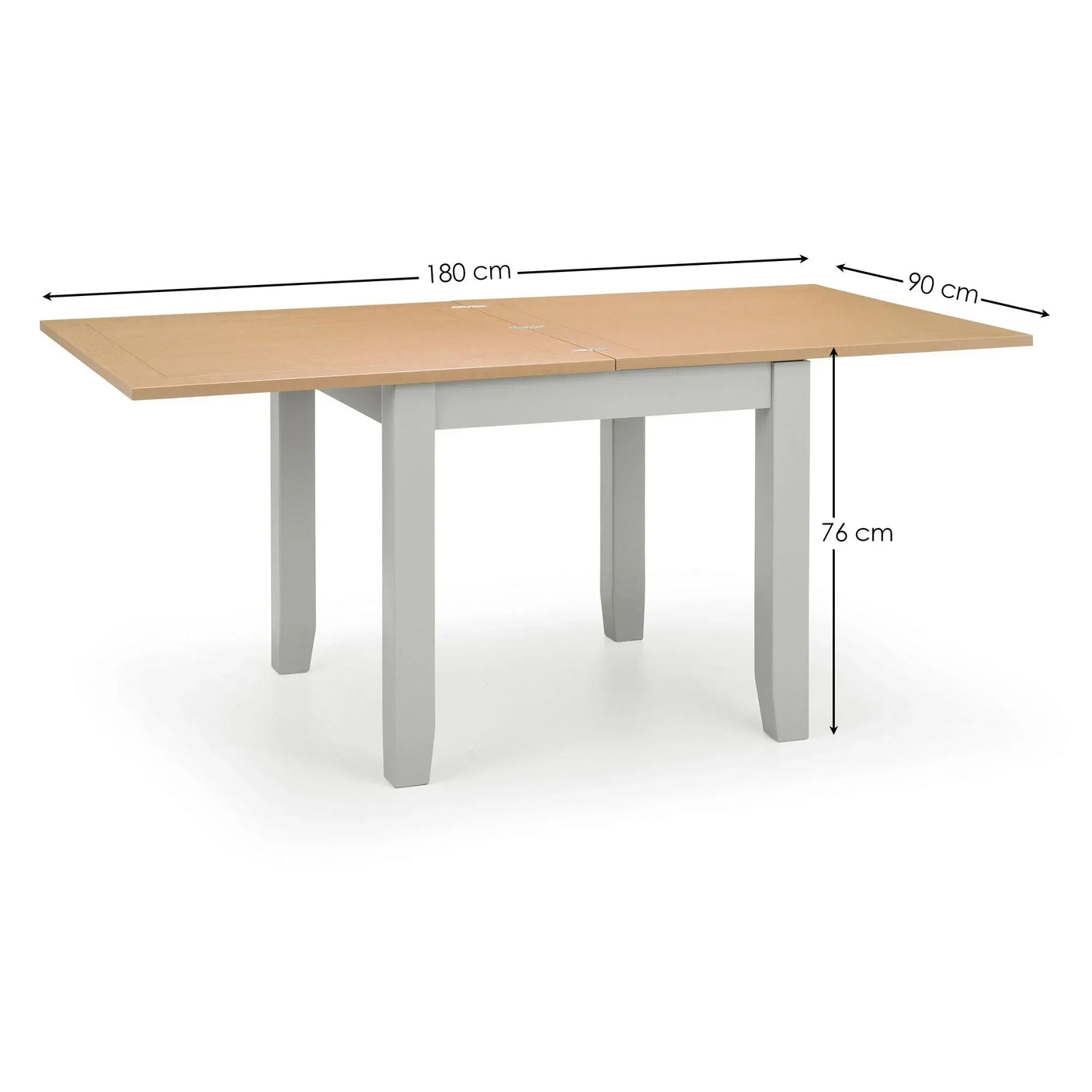 Rectangular dining table with light wood top, grey legs, and measurements 180x90x76 cm
