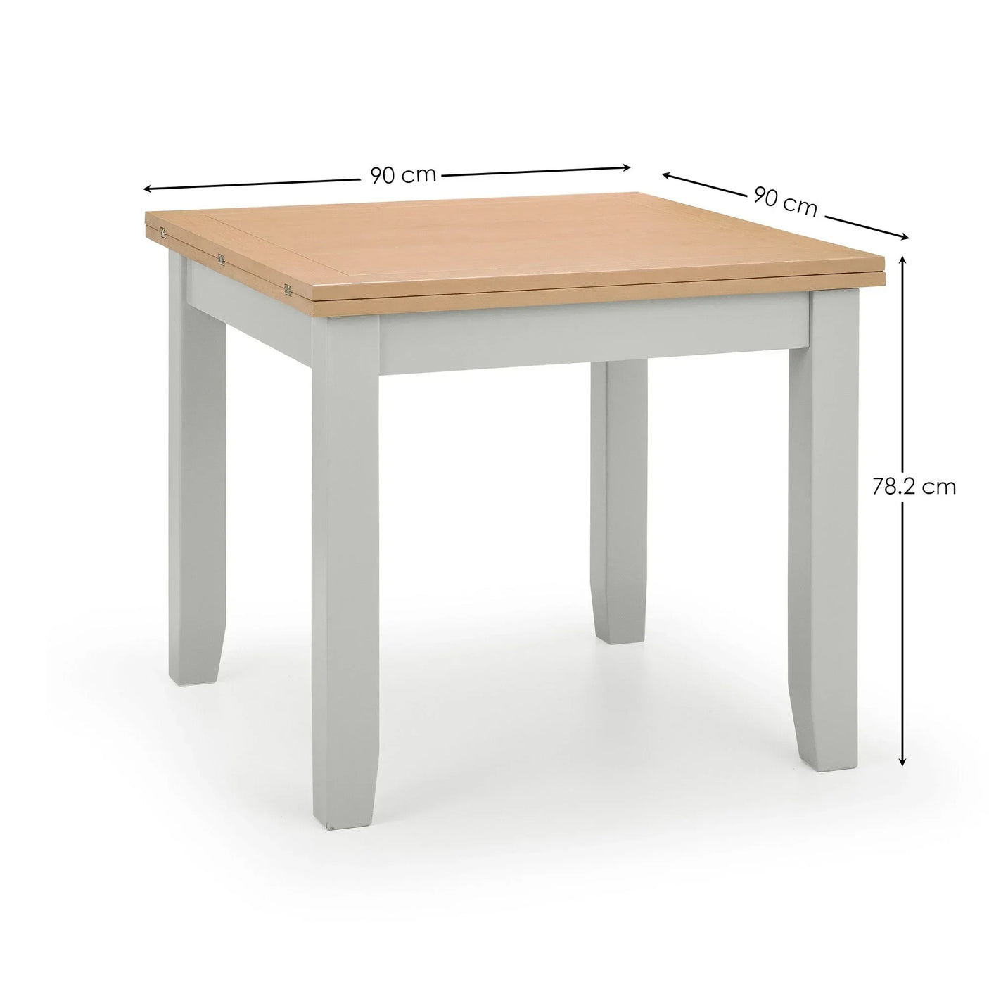 Square dining table with light wood top, grey legs, and measurement lines visible