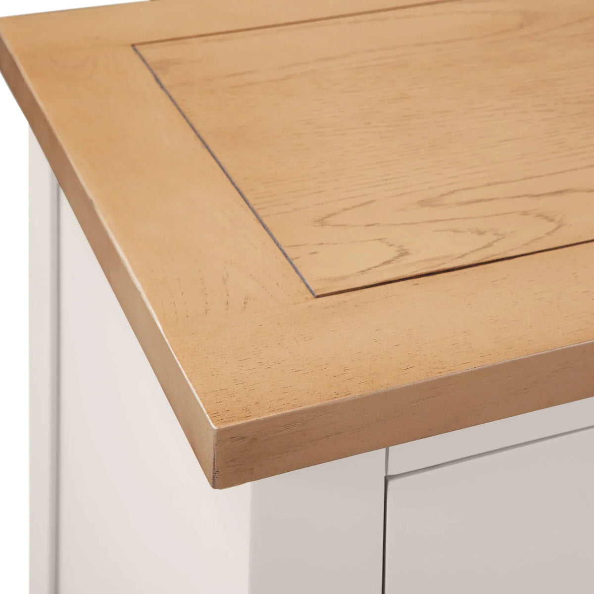 Oak effect sideboard corner with light wood top and white painted panel